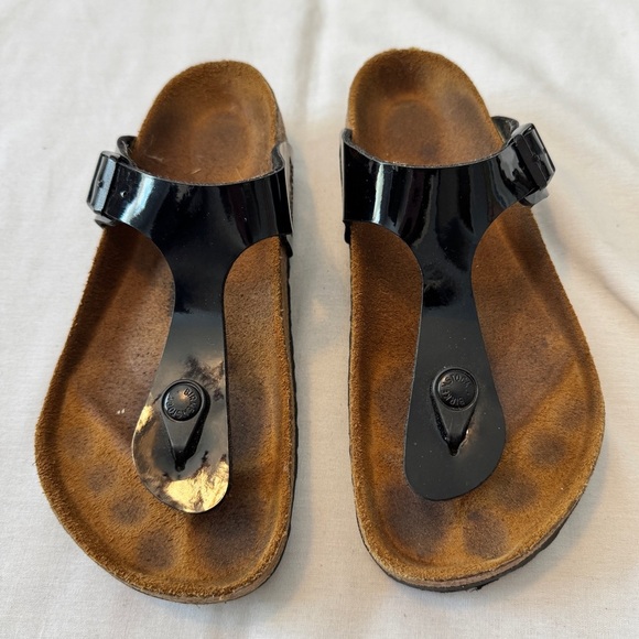 Birkenstock 5 Gizeh Birko Flor Black Patent Leather Thong Sandals Slides - Picture 2 of 9